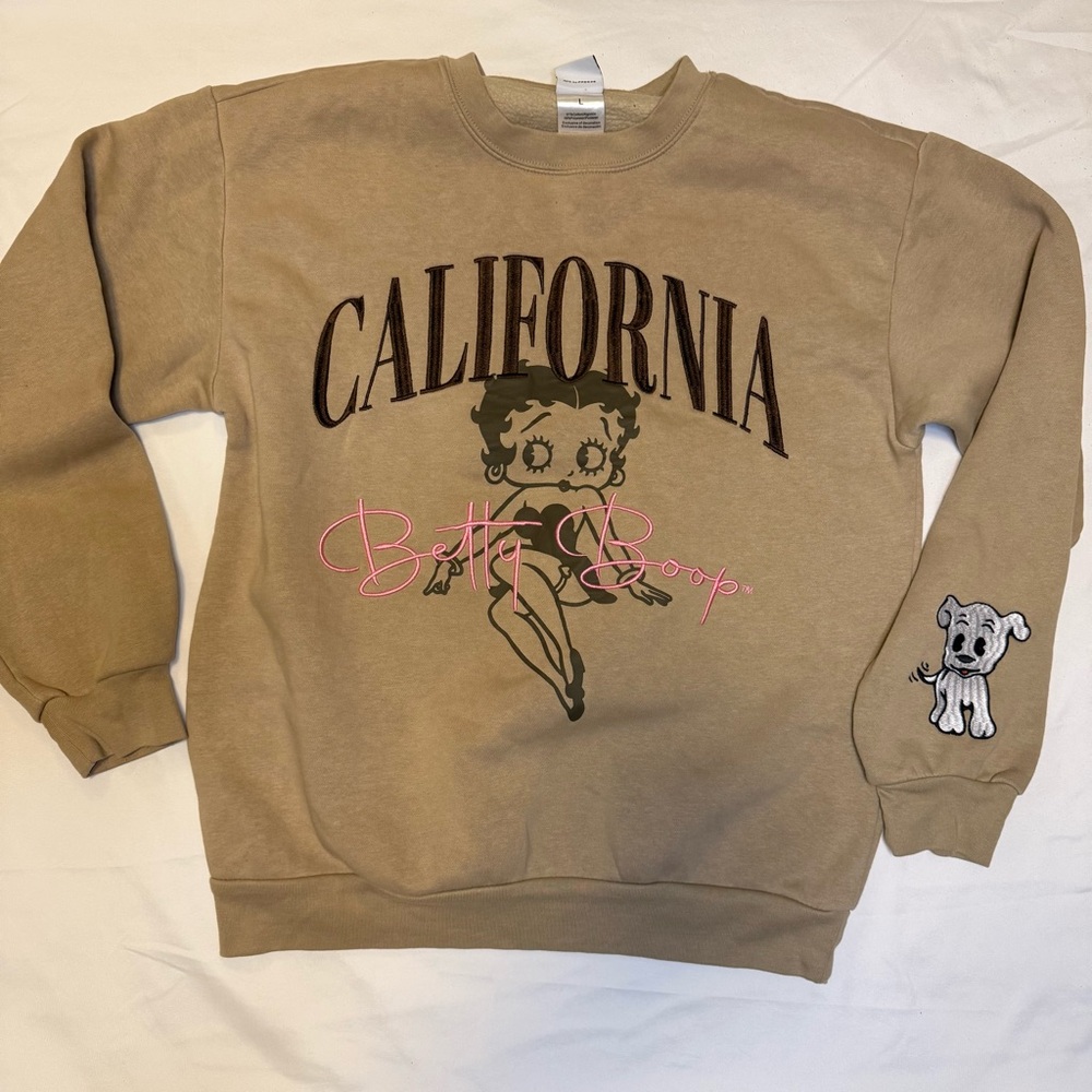 Betty Boop California Sweatshirt L Tan Pudgy Dog Embroidered Retro Streetwear